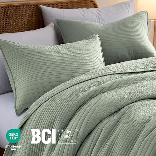 palassio 100% Cotton Striped Channel Quilt Set King Size, Sage Green