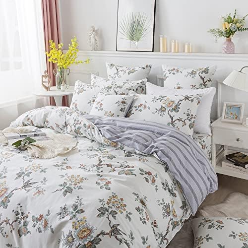 FADFAY Duvet Cover Set Elegant Floral Bedding Shabby Beige Bird Flower