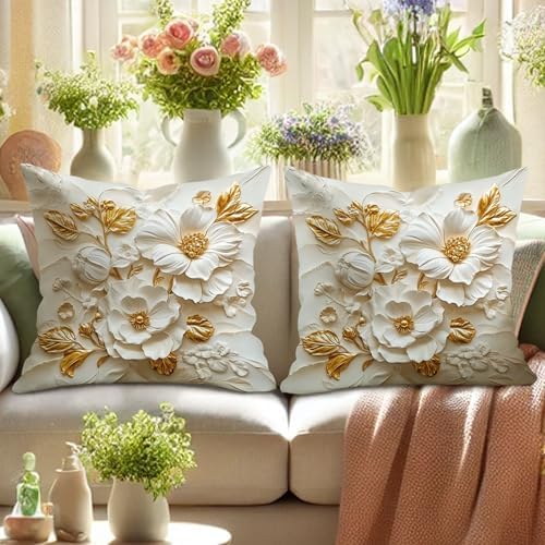 Elegant Floral Pillow Covers Set of 2, White and Gold Flower