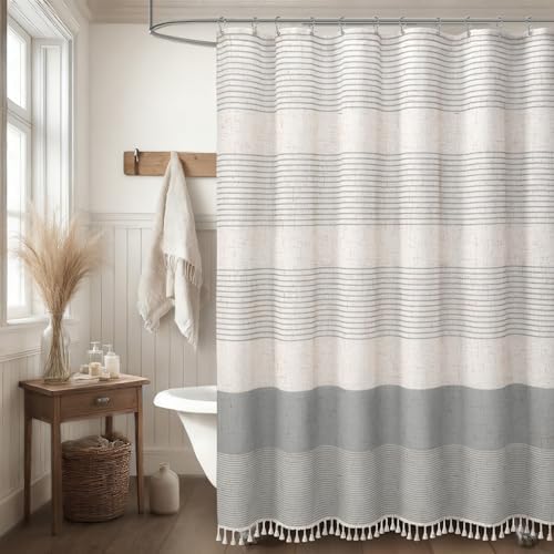 Grey Farmhouse Linen Striped Shower Curtain with Tassel 72"W X 72"L