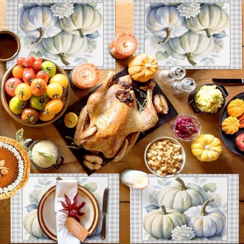 Placemats Set of 8, Thanksgiving Pumpkin Flower Leaves Classic