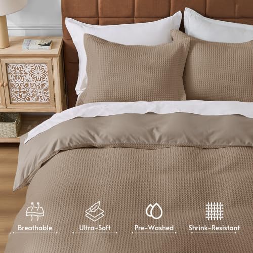 JOLLYVOGUE Waffle Wave Duvet Cover Set Queen Size, 3-Piece, Mocha