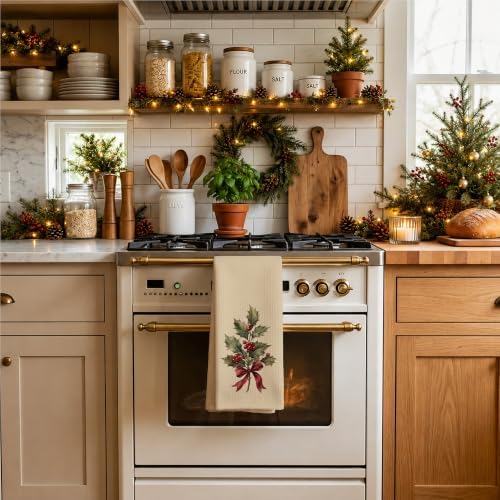 Neutral Holly Berry Christmas Decorative Kitchen Towels 16x24 Inch