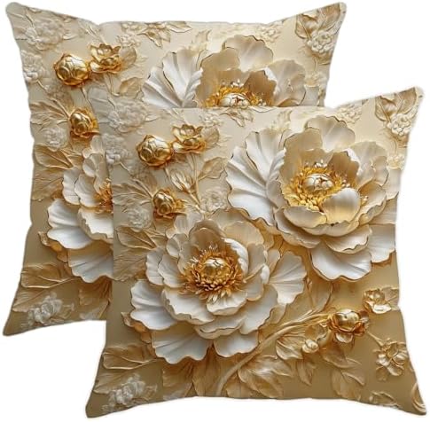 Gold Floral Pillow Covers Set of 2, Cream Peony Decorative Throw