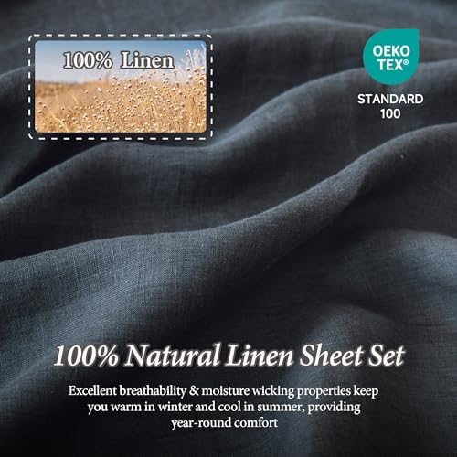 QKTE 100% Natural Linen Sheets Set 4 Piece - Washed Linen Bedding Set