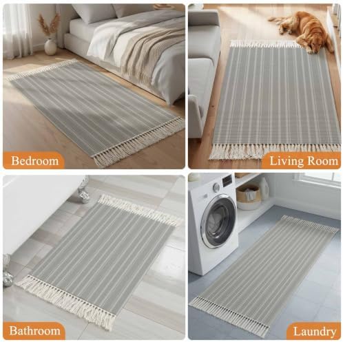 Grey Striped Hallway Runner Rug 2'x5', Farmhouse Vintage Gray Stripes