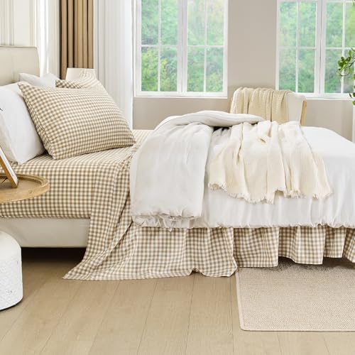 PURE ERA Tan Gingham Sheets Set 100% Washed Cotton Linen Like Full