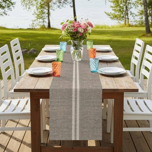 Cream Grain Line Table Runner 13 x 120 Inch Soft Taupe Woven Canvas