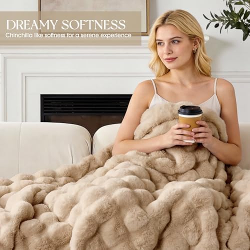 Luxury Fluffy Faux Fur Throw Blanket, Soft Plush Thick Minky Bubble