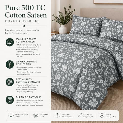 Feather & Stitch Queen Size Duvet Cover Set, 500 Thread Count Damask