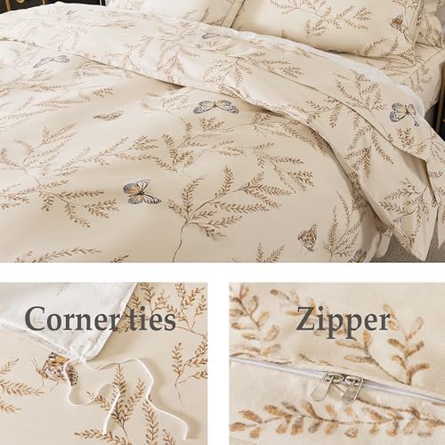 FADFAY Beige 100% Brushed Cotton Vintage Botanical Duvet Cover Queen