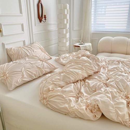 Beige Queen Size Duvet Cover Set with Pinch Pleat Flower Design, 3 PCS