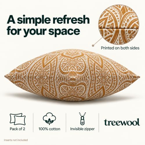 TreeWool Mandala Accent Throw Pillow Covers 18x18 Set of 2 (Mustard)
