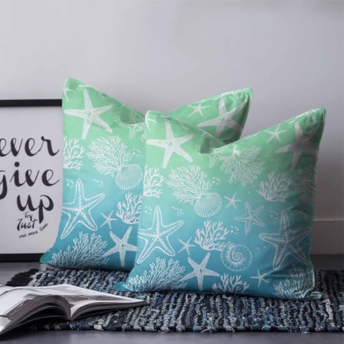 16x16 Pillow Covers Set of 2, Teal Blue Ombre Coastal Square Throw