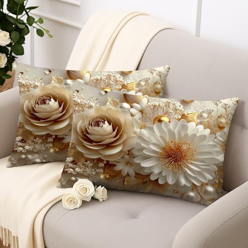 Elegant Floral Pillow Covers Set of 2, Cream Gold Decor Throw Pillows