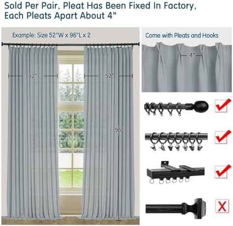 LETAU Pinch Pleated Linen Light Grey Curtains 108 inches Long, Light