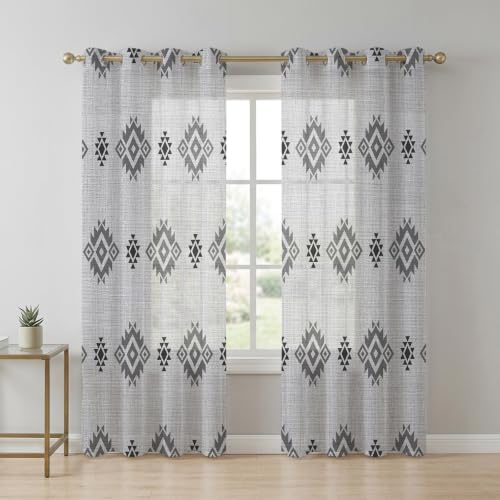 Grey Boho Sheer Curtains 63 Inch Length 2 Panels Set Western Ethnic