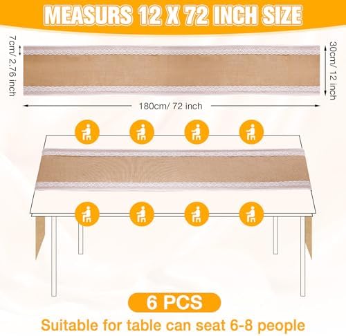 Tatuo 6 Pcs Burlap Table Runners with Lace 12 x 72 Rustic Jute, Cute