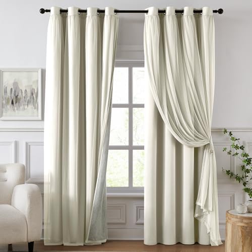 100% Blackout Curtains for Bedroom, Double Layer Ivory 108" L