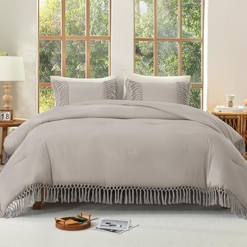 Andency Heather Grey Comforter Set Cal King, 3 Pieces Boho Tassel