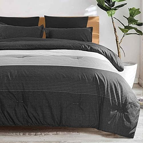 Faincy King Comforter Set, Grey & Black Patchwork Stripe Pattern Print