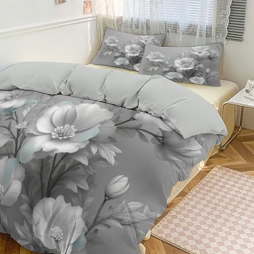 Duvet Cover Set King, Hand-Painted Floral Relief Brushed Microfiber