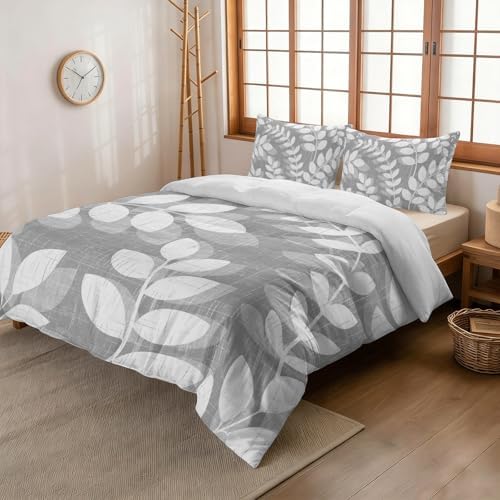 3 Pieces Bedding Set King Size, Gray Leaves Soft Duvet Covers Set with