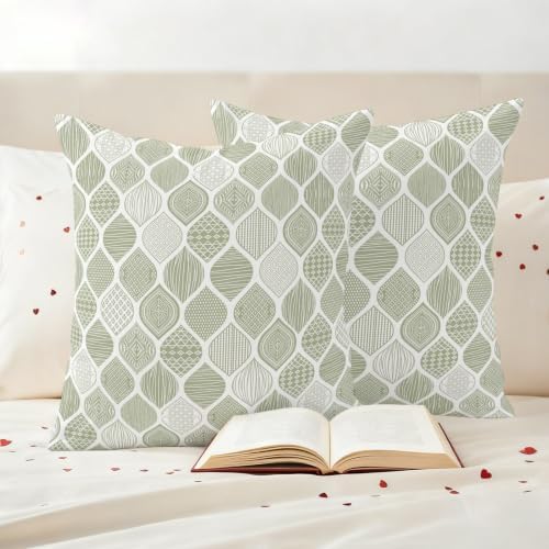 Sage Green Geometric Waterproof Outdoor Pillow Covers 18''x18'' Set of