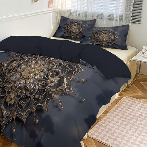 Luxurious Mandala Relief Duvet Cover King 3Pcs, Breathable Microfiber