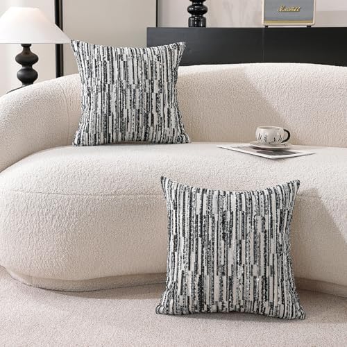 Striped Throw Pillow Covers 18x18 Set of 2 Black Textured Boucle Chic