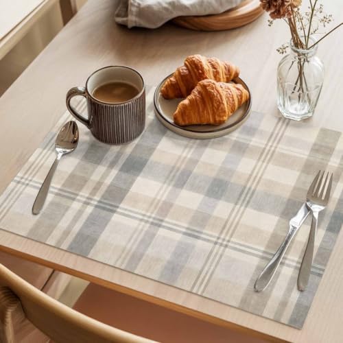Gray Cream Plaid Placemats Set of 8, Cotton Linen Fabric Place Mats