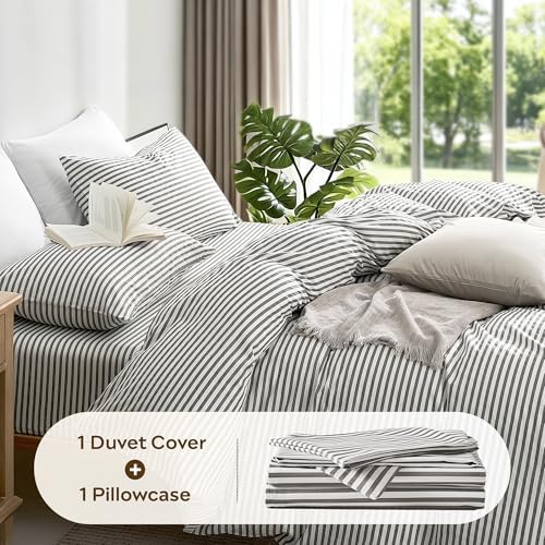 JELLYMONI 100% Cotton Classic Striped TwinXL Duvet Cover Set, Grey