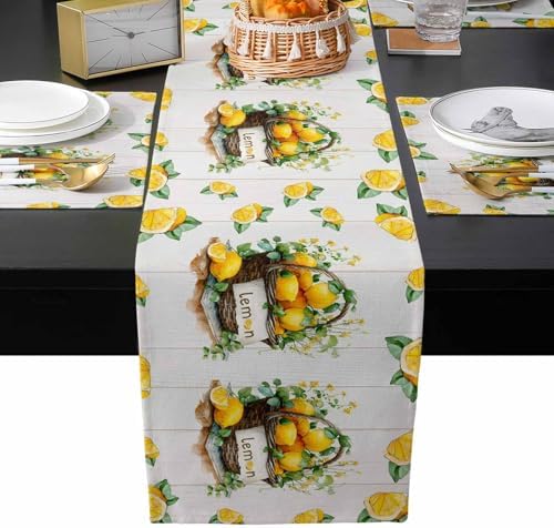 Lemon Basket Summer Table Runner and Placemats for Dining Table,Burlap