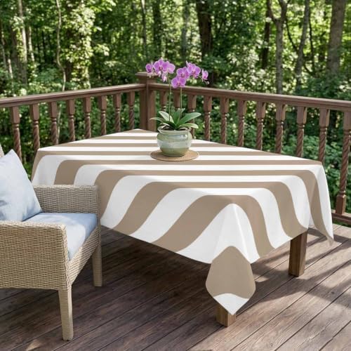 Country Taupe White Stripe Waterproof Tablecloth Rectangle Washable