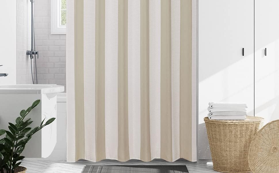 WEST LAKE Taupe Waffle Fabric Shower Curtain Vertical Stripe Farmhouse