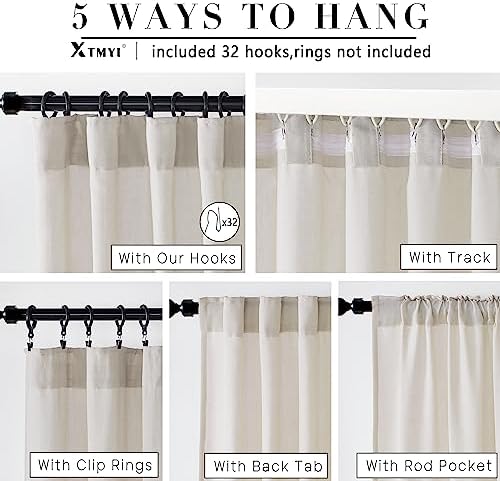 XTMYI Oatmeal Beige Back Tab/Hook Belt Linen Cotton Sheer Curtains