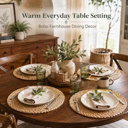 13 Inch Round Woven Placemats Set of 8, Natural Rush Rattan Wicker