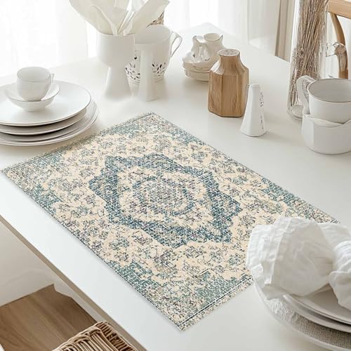 Placemats Set of 8, Beige Green Boho Woven Placemat, Linen Place Mats