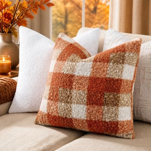 decorUhome Faux Fur Plaid Throw Pillow Covers 22X22 Set of 2 Burnt
