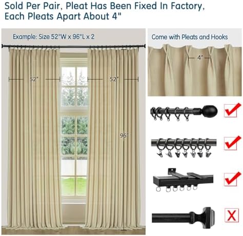 LETAU Long Linen Sand Beige Curtains 108 inches, Pinch Pleated Lined