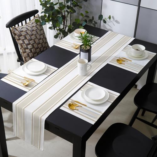 Brown Stripes Table Runner and Placemats Set of 6 Leaf Vertical