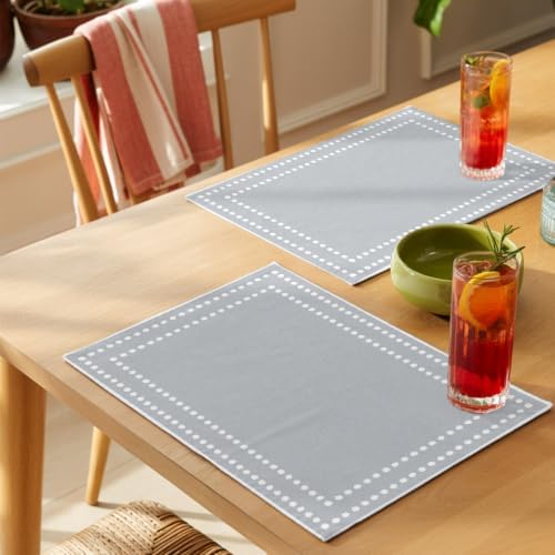 Gray Placemats Set of 8, Winter Minimalist Dotted Borders Square