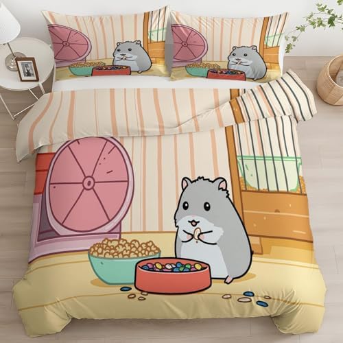King Duvet Cover Set Cartoon Hamster Sunflower Seed Lines Bedding with