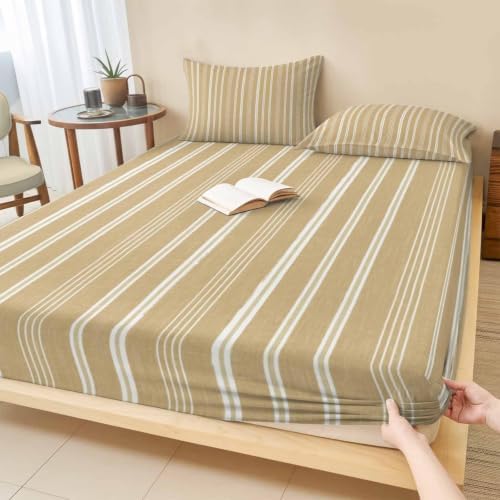 Twin XL Fitted Sheet Deep Pocket, Beige Sand Minimalist Striped Soft