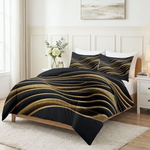 King Duvet Cover Set Soft Microfiber Abstract Golden Lines