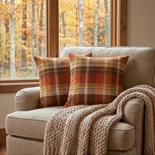 Fall Plaid Pillow Covers 22x22 Inch Orange Brown Checkered Throw