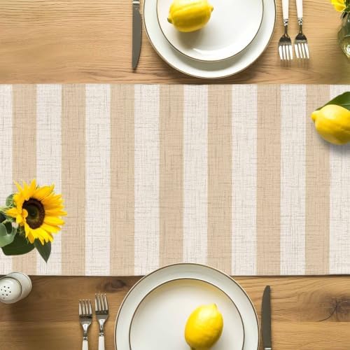 Beige Stripe Burlap Table Runner 90 Inches Long, Rustic Linen Texture