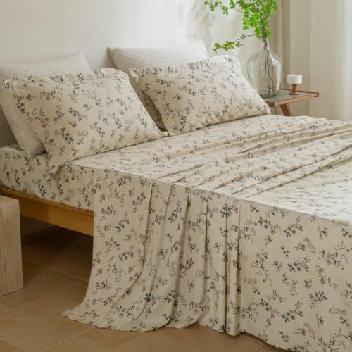 QSH 100% Cotton Sheets Set Twin Size,4PCs Floral Botanical Sprig Print