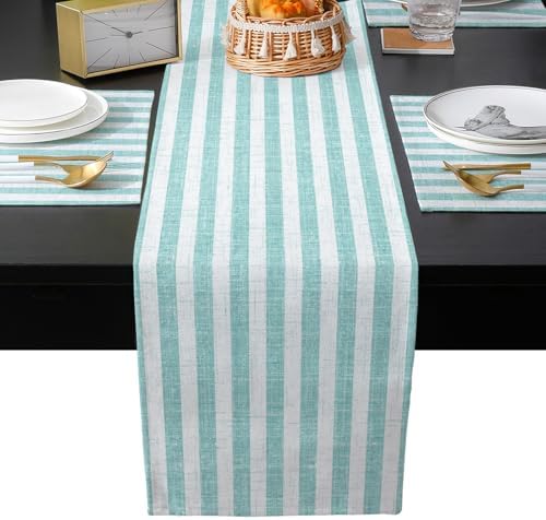 Light Teal Stripes Table Runner and Placemats Set of 4 Modern