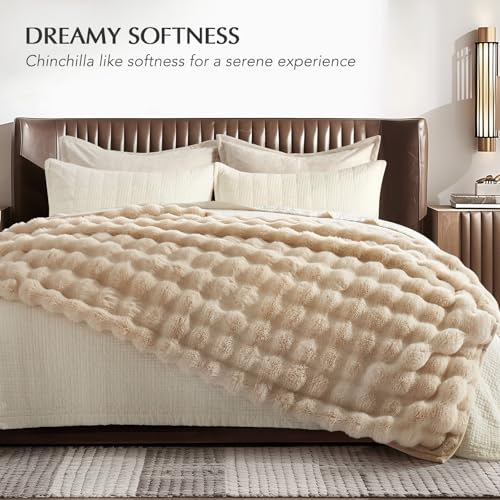 EverGrace Faux Rabbit Fur Bubble Throw Blanket, 60"x80", Cream